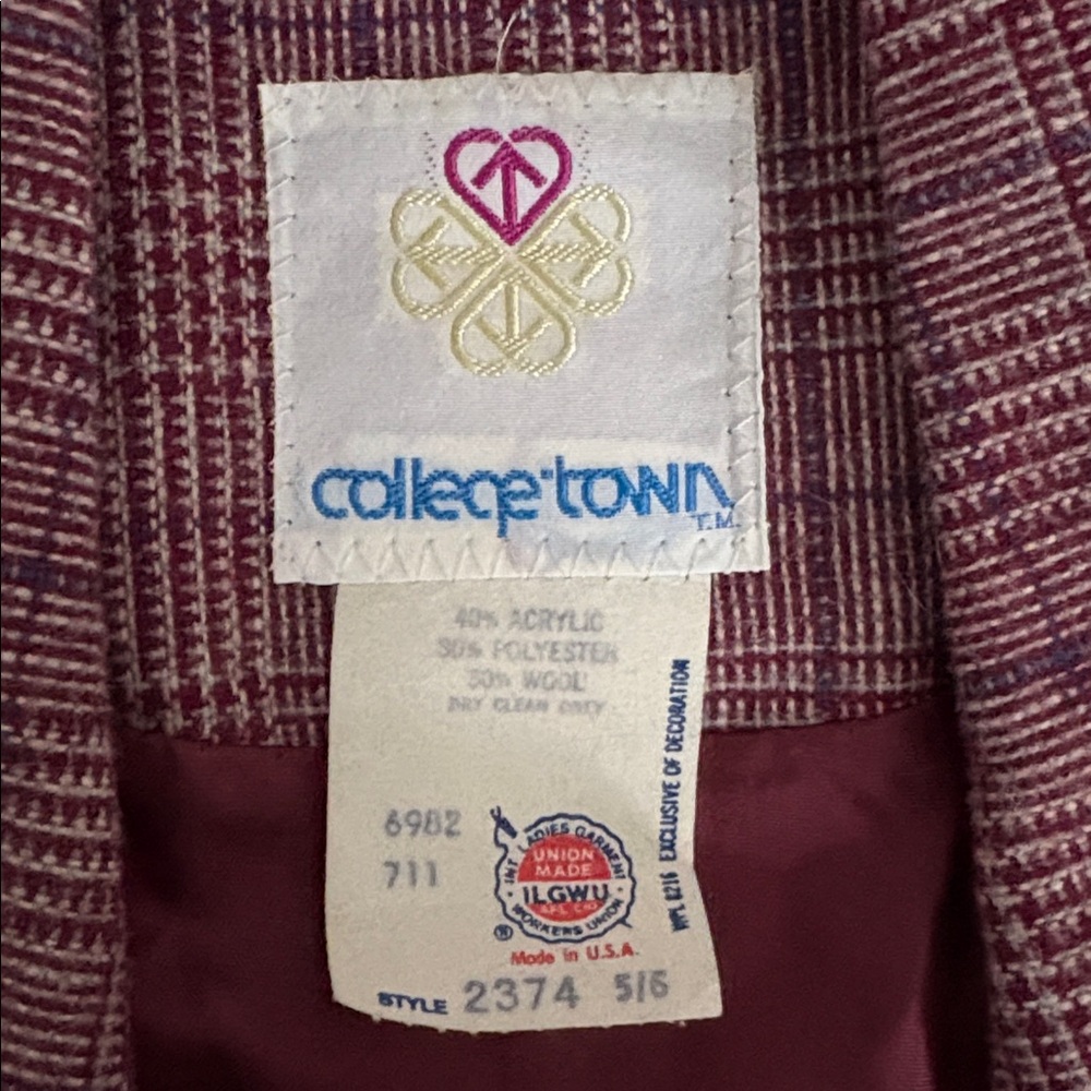 VTG College Town Plaid Made in USA ILGWU Blazer size juniors 5/6 XS/S wool blend - Picture 4 of 6